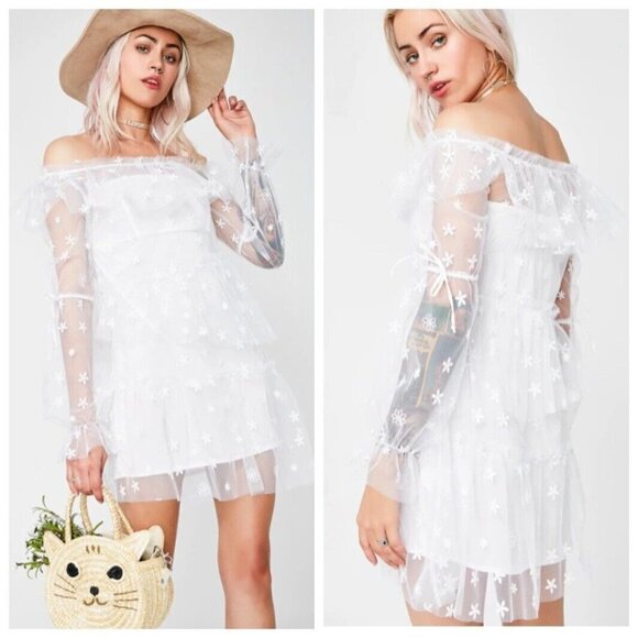 For Love & Lemons Claudia Off Shoulder Tulle Dress Women’s Small Daisy Sheer - Picture 2 of 11